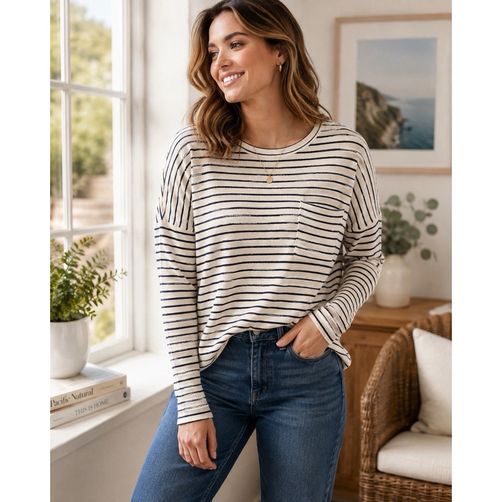 Madewell Striped Thermal Knit Top Small 100% Cotton Navy Cream Pocket